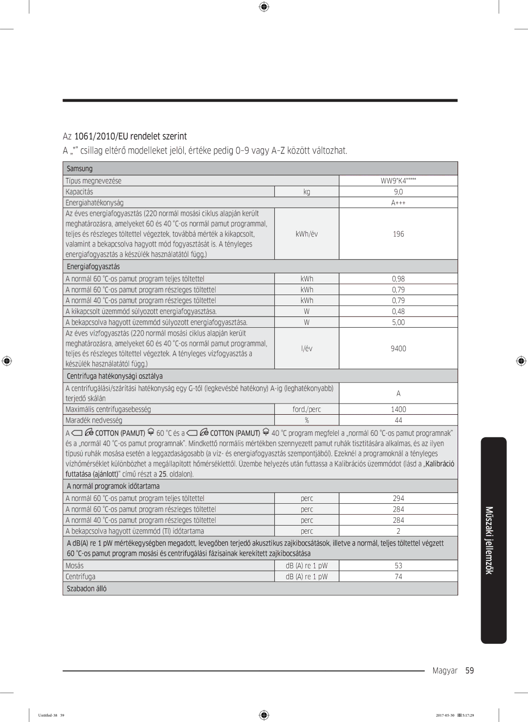 Samsung WW80K44305W/LE, WW70K44305W/LE, WW90K44305W/LE manual Magyar 59  